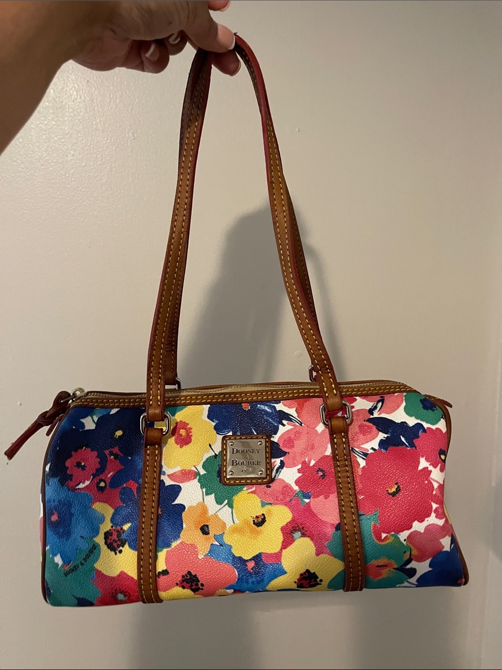 Dooney & Bourke Multicolor Floral Canvas Shoulder Bag with Tan Leather Trim